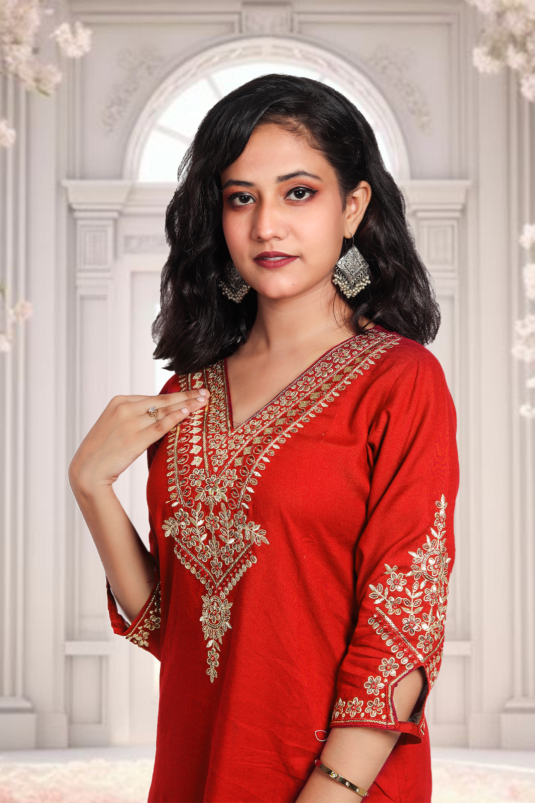 Women's Rose Gold Zari with Sequins Embroidered Kurta, Pant & Dupatta Set